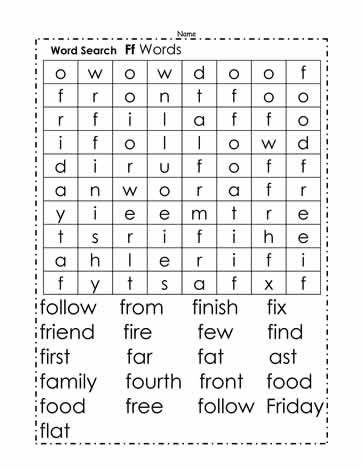 Words Beginning with F Wordsearch